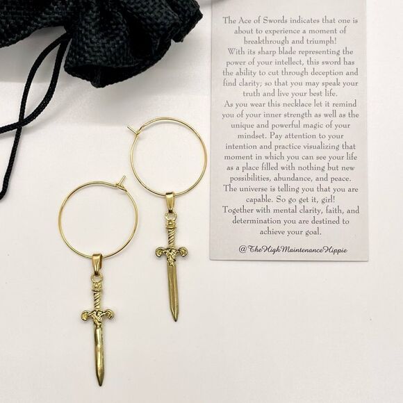 Medium 14k Gold Drop Hoop Earrings with Excalibur Sword Pendants - Picture 2 of 2
